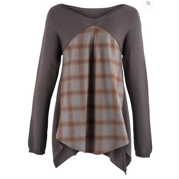 Stetson Knit Long Sleeve Grey Plaid Flannel Waterfall Sweater Size Large - Picture 6 of 11